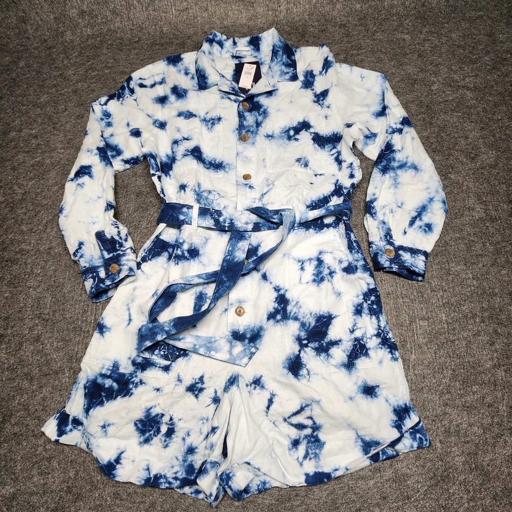 GAP Womens Blue White Tie Dye Jumper Romper Shorts Linen Long Sleeve 12 NWT